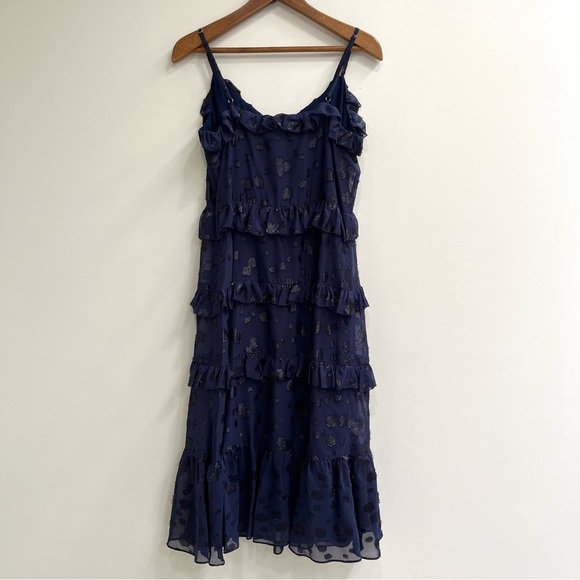 Michael Michael Kors Printed Jacquard Ruffled Midi Dress True Navy Blue Large - Picture 5 of 13